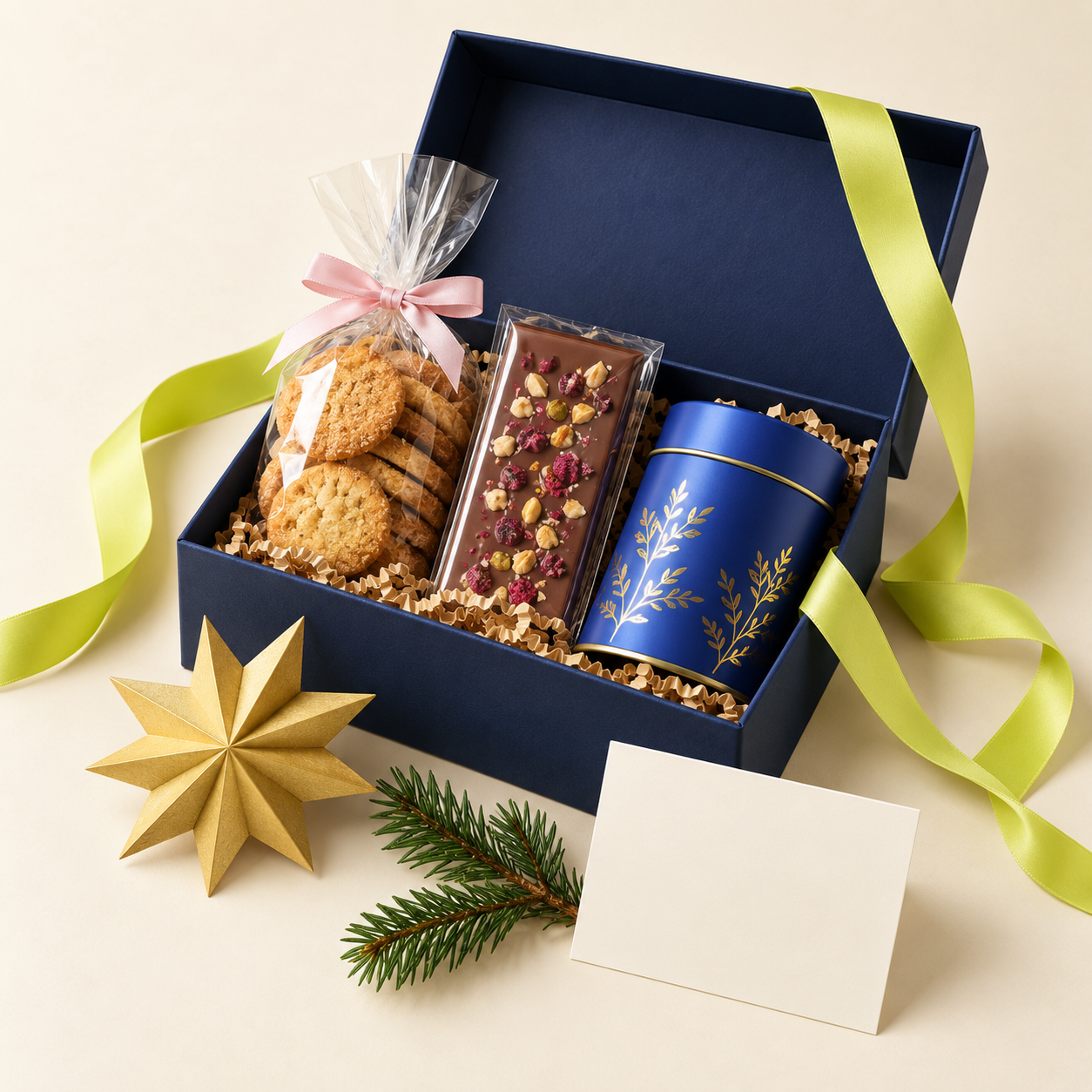 Feestelijk kerstpakket met blauwe strik